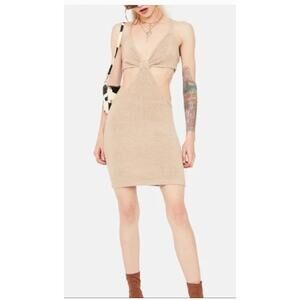 Beige Botany‎ Dress Womens Medium Tan Rib Knit Cutout Bodycon Spaghetti Mini